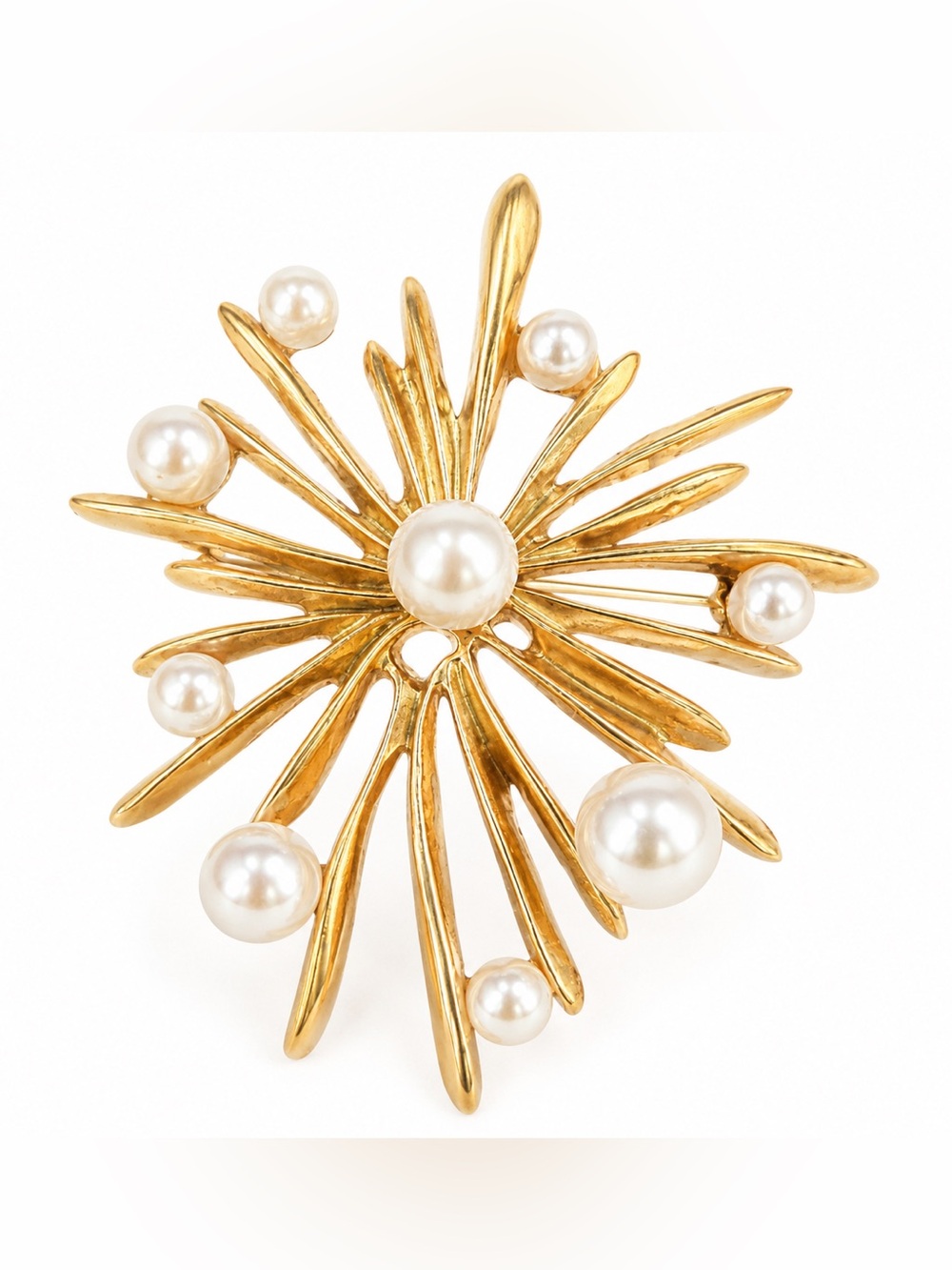 NWT Gold Tone Faux Pearl Starburst Brooch Pin Statement Celestial